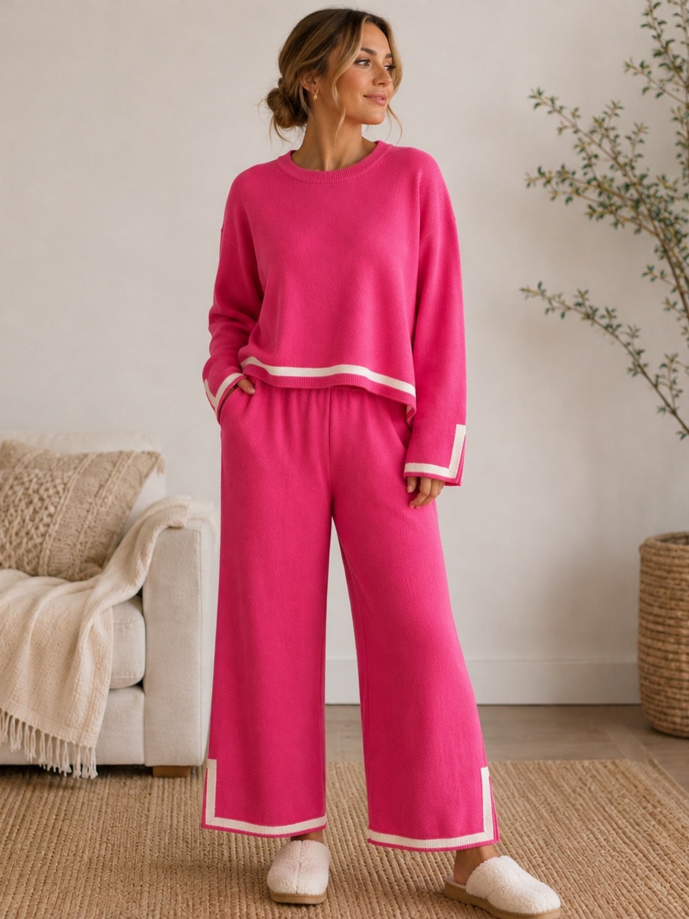 Pink Knit Lounge Set Contrast Trim Cozy Wide Leg Matching Set - Picture 1 of 7
